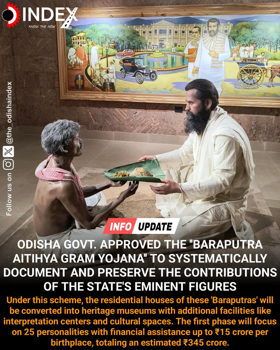 the_odishaindex's tweet photo. Odisha Govt. approved the "Baraputra Aithihya Gram Yojana" to systematically document and preserve the contributions of the state's eminent figures.
#Baraputra #Odisha https://t.co/2KMWvIeam6