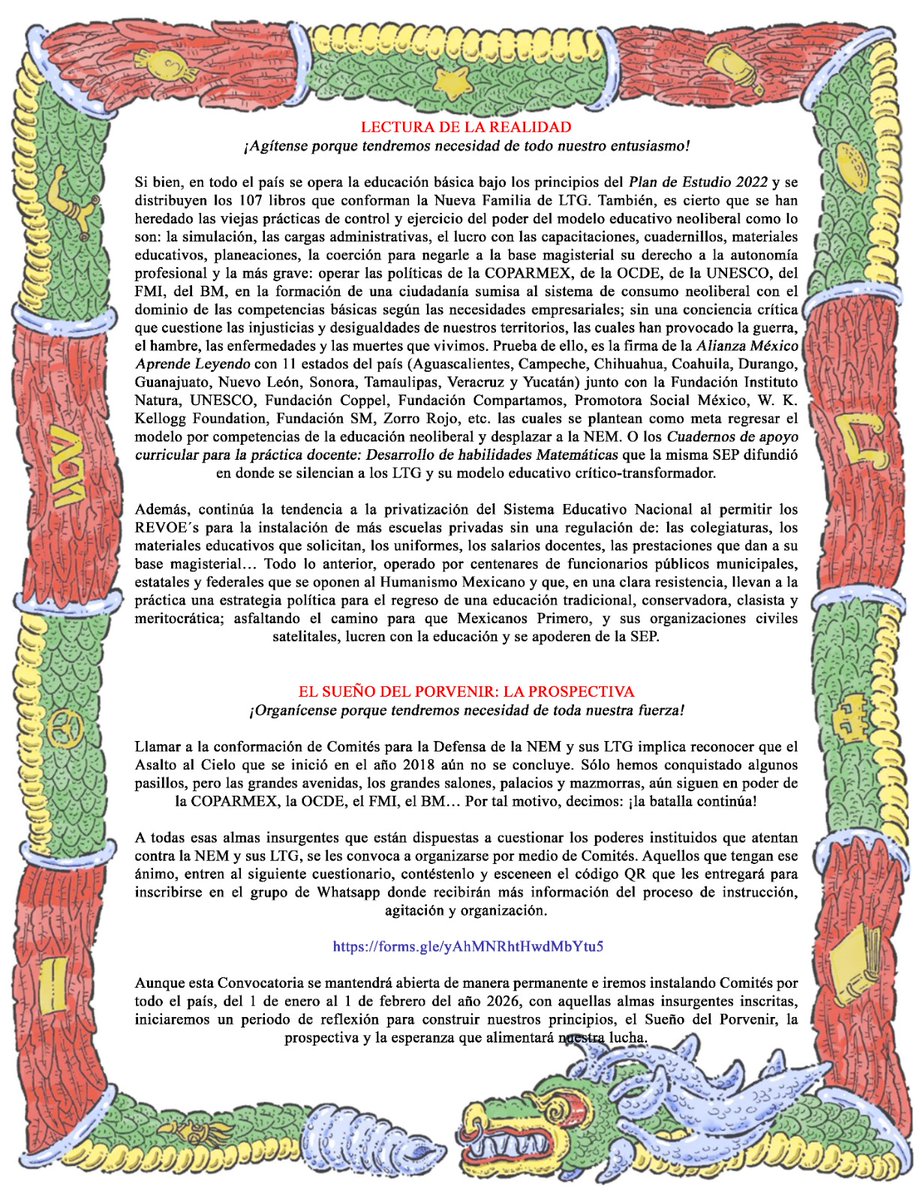 MarxArriaga's tweet image. In mochintin ic se yolotl, ic se ixtli

Después de miles de kilómetros, de centenares de horas de reflexión, de análisis, de acuerdos... No quedó otro camino que convocar a la instalación de "Comités para la Defensa de la Nueva Escuela Mexicana y sus Libros de Texto Gratuitos"