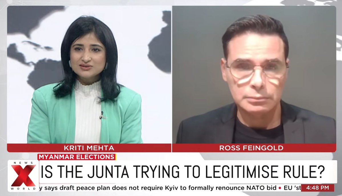 On #India <a href="/NewsX/">NewsX World</a> "Deep Dive" with host <a href="/KritiJournalist/">Kriti Mehta</a>, I discussed "#Myanmar Elections | Why is the Junta calling for Polls amid Civil War?"
Segment begins at 10mins 10secs.

youtu.be/ufiqgg1brZ4?si…