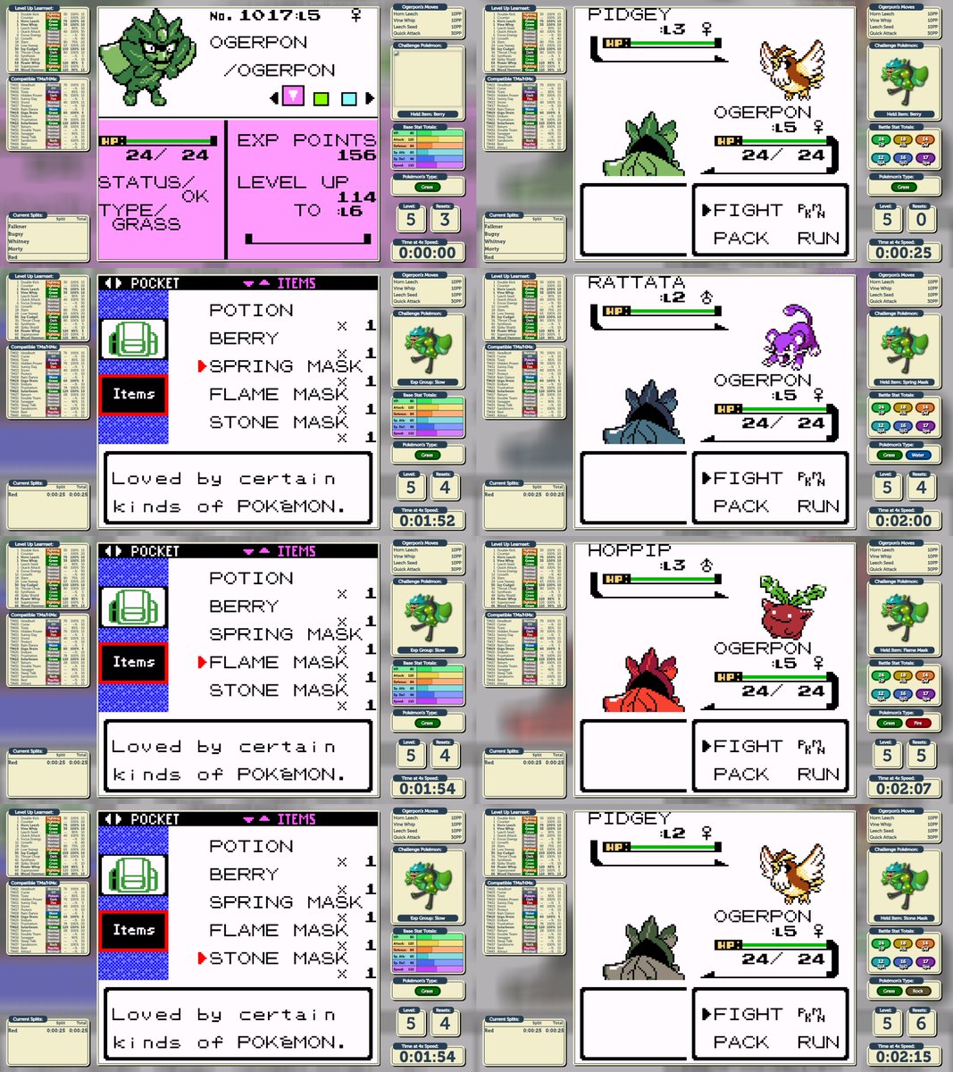 TrainerSquidgy's tweet photo. Ogerpon was a very in-depth backport.

Because it'd be very difficult to do back-sprites with the different masks, I decided to change Ogerpon's colours in order to make it more obvious which mask is being worn.

Types for Ivy Cudgel and Ogerpon change when holding the right mask https://t.co/fA8ud01gGQ