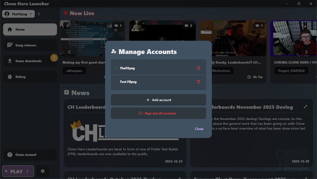 New features for the Clone Hero launcher in progress, account manager/switcher. Previously you were only able to have 1 account.