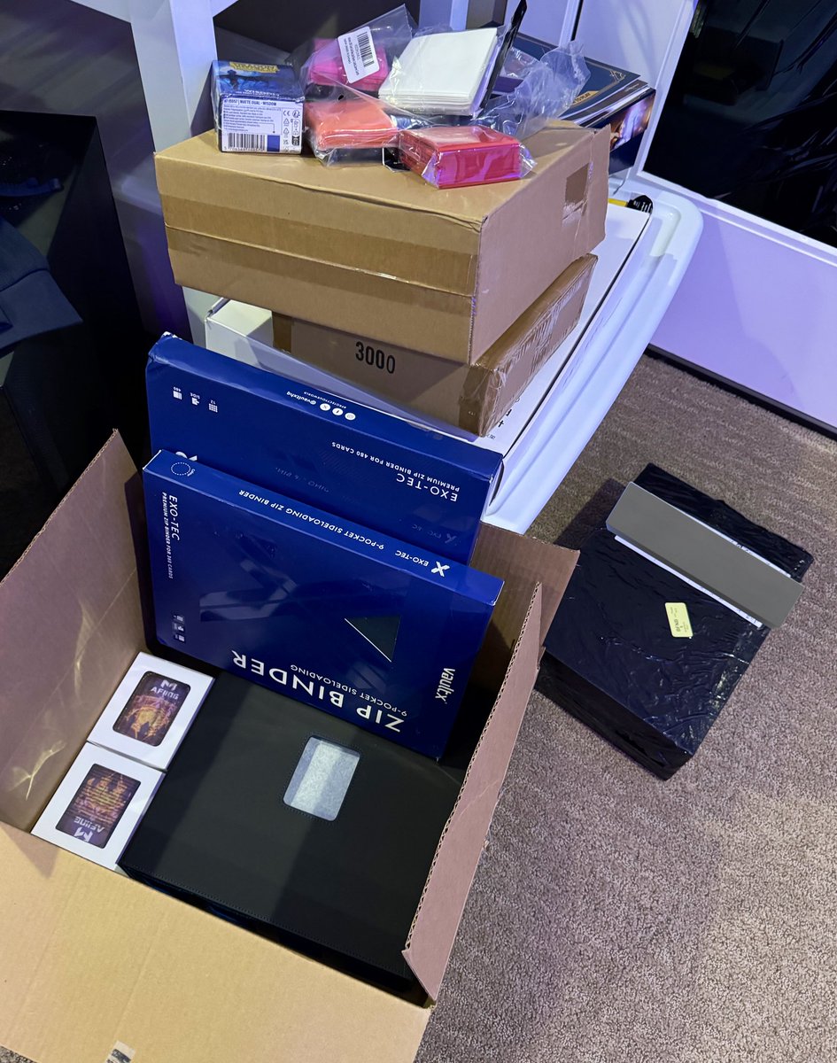 Frodan's tweet image. For Christmas, the wife got me 2 giant Amazon boxes full of card storage, deck boxes, sleeves sets, card binders and other goodies for my new Riftbound addiction

She truly knows the way to a man’s heart 😭 😭