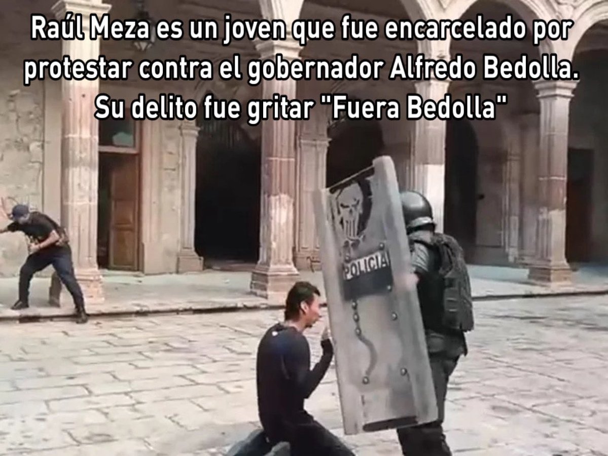 ArturoVill7's tweet image. Sigamos comentando y ejerciendo presión al Gobernador @ARBedolla y a todo el gobierno federal para que liberen a Raúl Meza.

Que lo sepa la comunidad internacional: un joven lleva casi dos meses encarcelado por decir “Fuera Bedolla” en una manifestación. Lo acusan de sabotaje y…