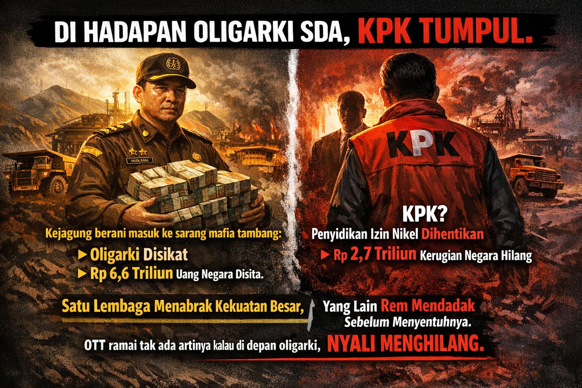 tomatskillo's tweet photo. Pagiii 26 Desember
@KPK_RI Tumpul

Kejagung
berani terobos sarang mafia tambang,oligarki disikat,Rp 6,6T uang negara disita ✅

KPK 
penyidikan izin tambang nikel dihentikan,Rp 2,7 T kerugian negara gagal disita ❌

OTT KPK ramai tak ada artinya
jika di depan oligarki nyali ciut https://t.co/4U6wLDq5df