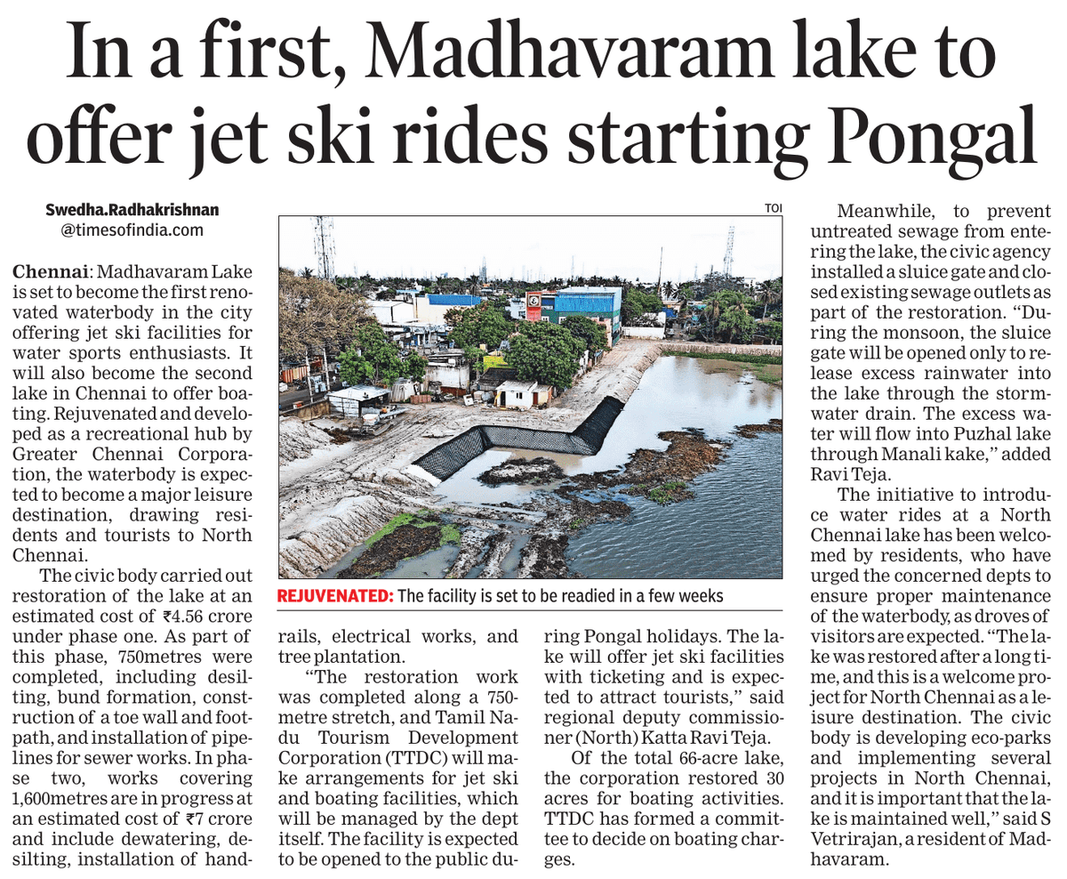 After years of restoration, Madhavaram Lake will open for jet ski rides and boating, emerging as a new leisure destination in North Chennai