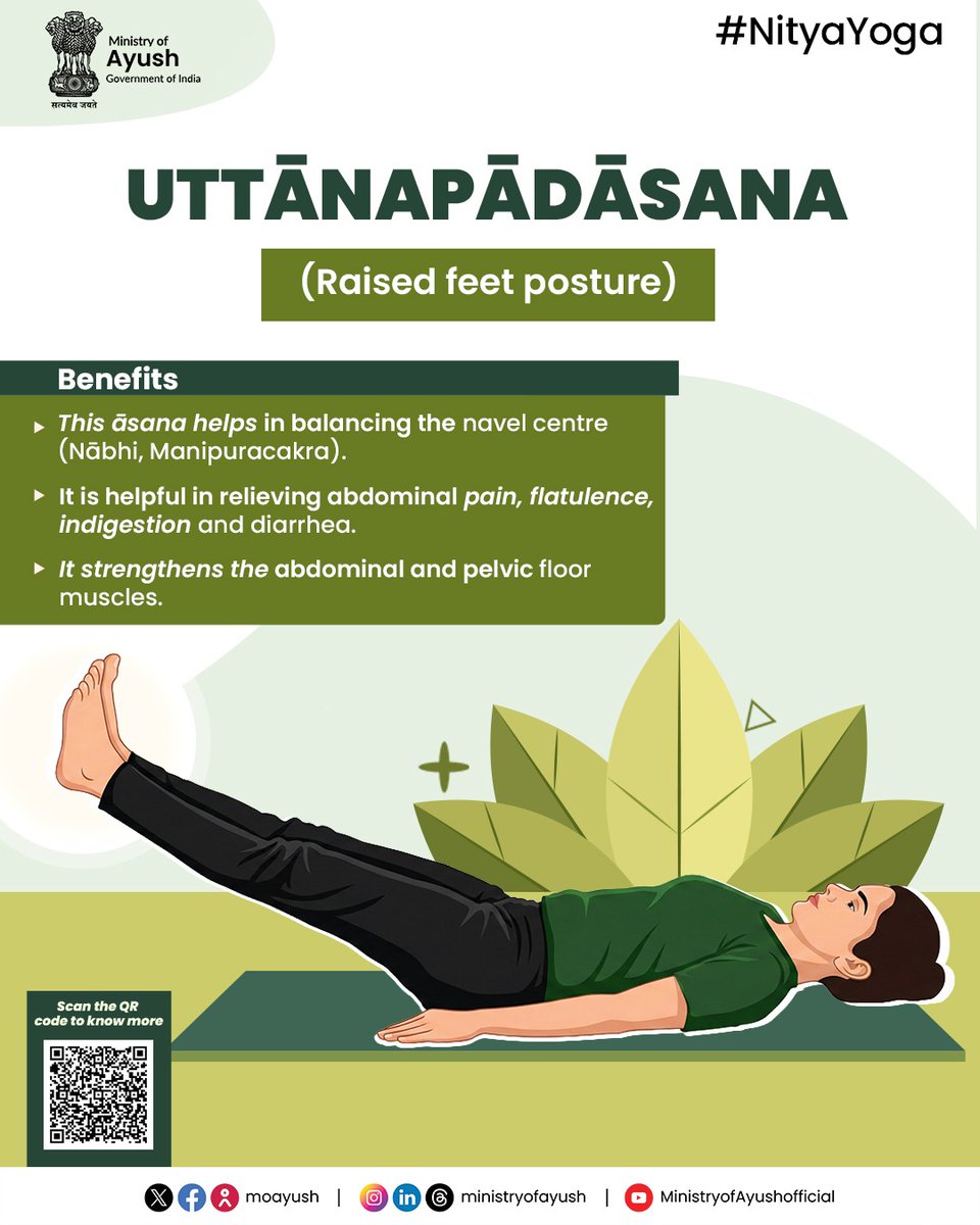 Strengthen your core and find your balance with Uttānapādāsana (Raised Feet Posture). This powerful asana is a favorite for improving digestion and toning the abdominal muscles.

#NityaYoga  #PublicHealth  #HealthForAll <a href="/PMOIndia/">PMO India</a> <a href="/mpprataprao/">Prataprao Jadhav</a> <a href="/mdniy/">Morarji Desai National Institute of Yoga (MDNIY)</a> <a href="/DirectorCcryn/">CCRYN</a> <a href="/PIBAYUSH/">PIB Ayush</a>