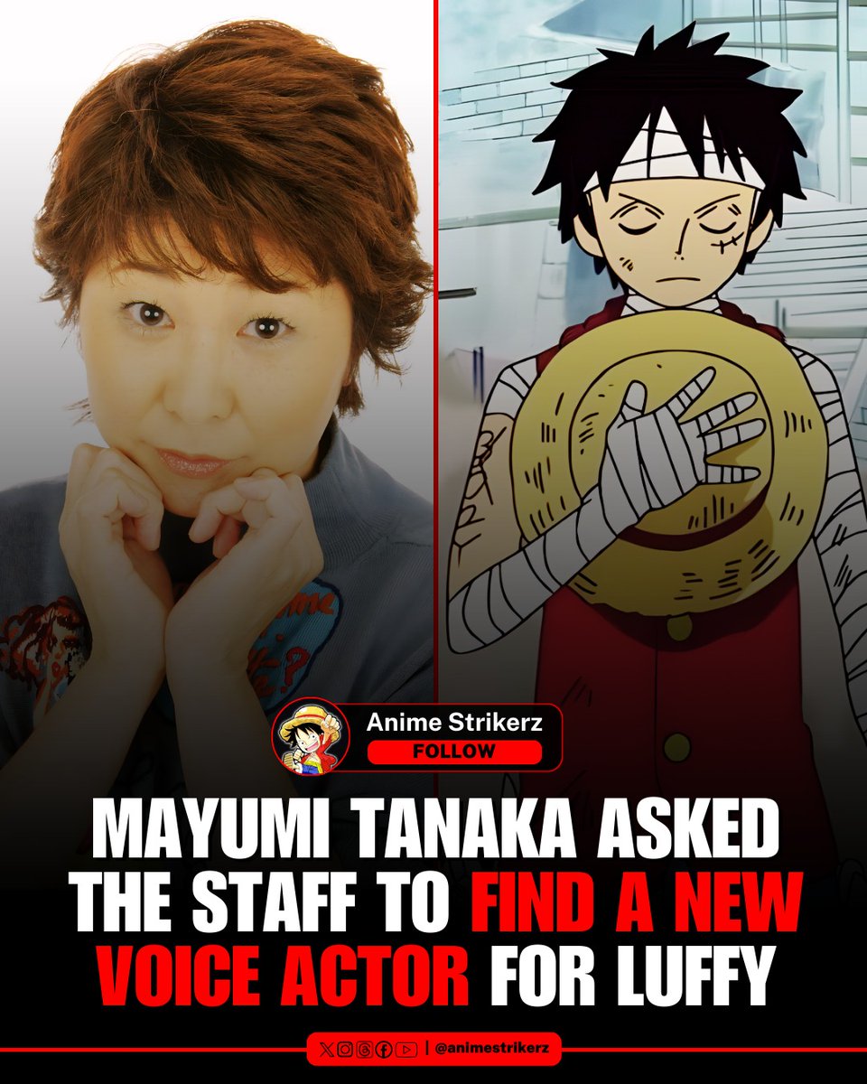 AnimeStrikerz's tweet photo. Mayumi Tanaka, the longtime voice actress of Monkey D. Luffy, has revealed that she asked WIT Studio to consider casting a different voice actress for the remake anime THE ONE PIECE. However, her request was ultimately declined. Tanaka, now 70 years old, stated that while she will continue voicing Luffy in the original One Piece, she does not wish to take part in the remake, marking a significant and emotional moment for fans as the franchise enters a new era.