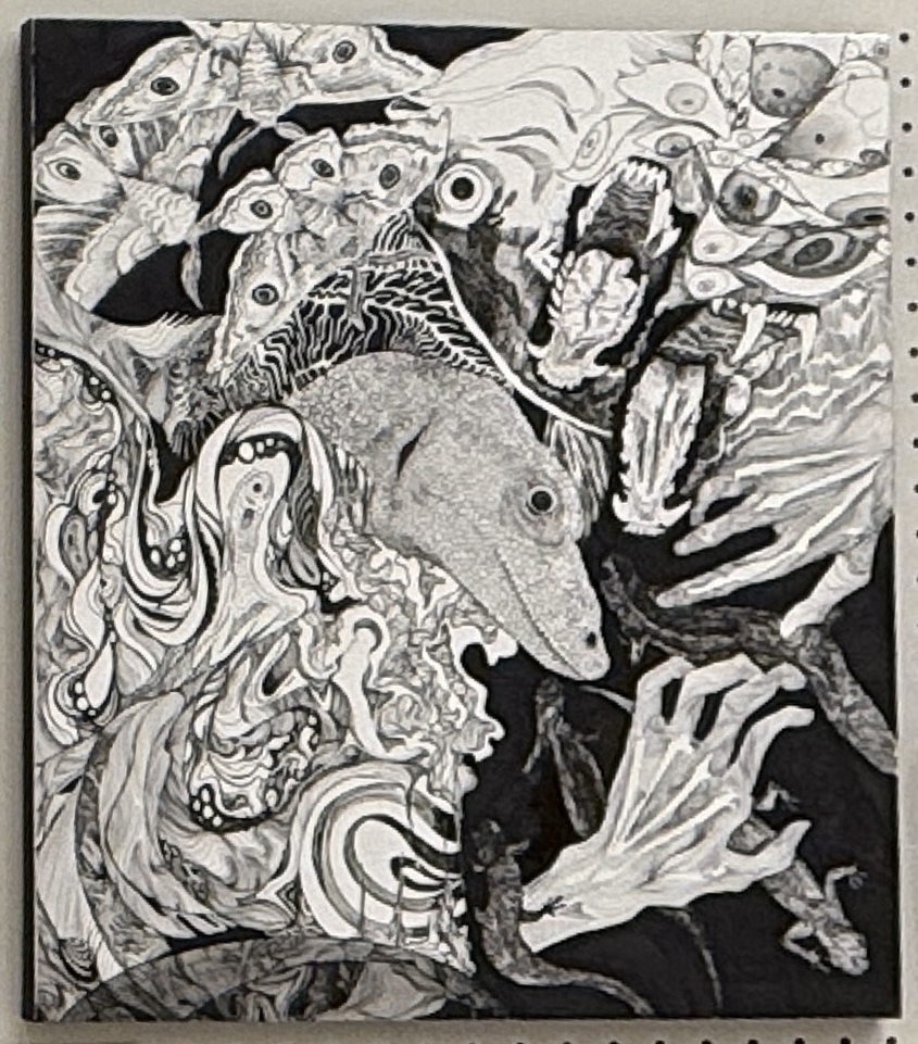 lcoffeeprincel's tweet image. 佐賀市のGENIUSで開催中の 祈守り@inomamori さんの個展へ。彼女はかつての生徒で、中学生の頃から力強い絵を描いていたが、さらにパワーアップしたメッセージ性の高い絵を描いていた。久しぶりに再会し、本当に嬉しかった。今後の活動も応援していきたい。#everyonecancreate #AppleEDUchat #ade2025
