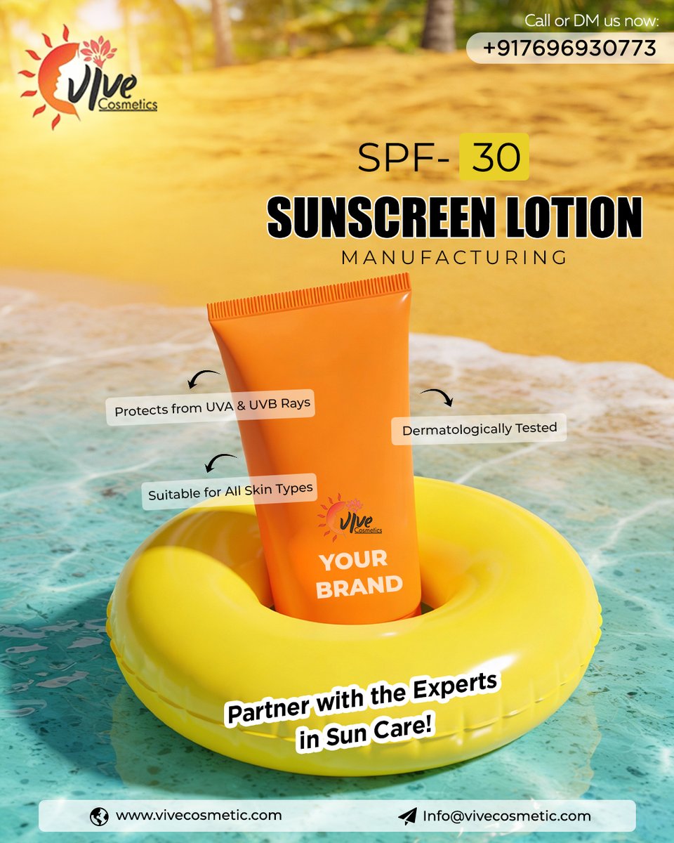 vivecosmetic's tweet image. Launch your own SPF 30 Sunscreen Lotion with experts you can trust!
Broad-spectrum protection, dermatologically tested, and perfect for every skin type
+917696930773
Info@vivecosmetic.com
#SunscreenManufacturing #PrivateLabelCosmetics #SPF30 #SunCareExperts #SkincareManufacturing