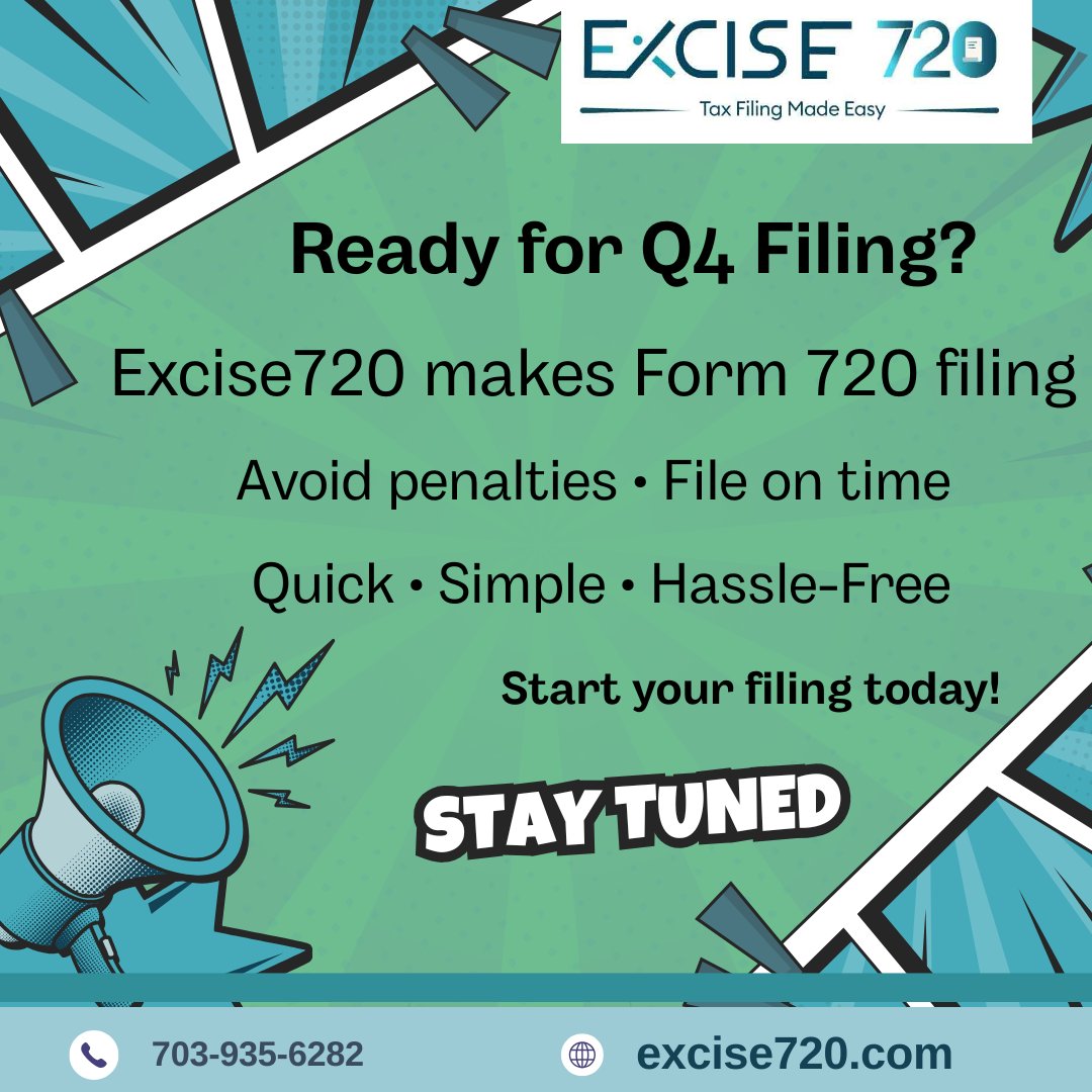 excise720's tweet image. Get ready Quarter 4 Form 720 filing is now open!
Excise720 makes Q4 tax filing quick, secure, and hassle-free so you can file on time and avoid penalties.
 Start your Q4 filing with Excise720 today!
 excise720.com
#Form720 #ExciseTax #Q4Filing #IRSForm720 #Excise720