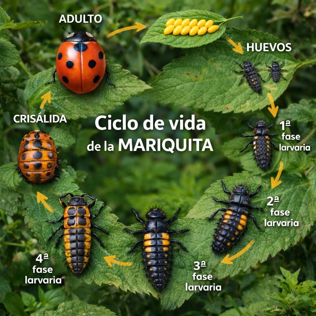 La mariquita experimenta una metamorfosis completa en la naturaleza. 

Su ciclo inicia cuando la hembra deposita huevos amarillos sobre hojas, cerca de pulgones. 

Tras eclosionar, las larvas pasan por cuatro fases, creciendo y alimentándose activamente. 

Luego forman una