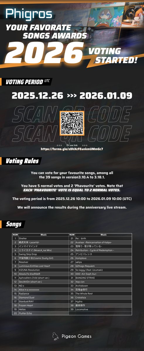 [Announcement]
Coo-coo!
"Your Favorite Phigros Songs 2026" event is coming!

Scan the QR code or check the link below to vote ↓
forms.gle/zDhXcFEunkmUMm…

Please check more details in the picture below!
#Phigros #Pigeon_Games
