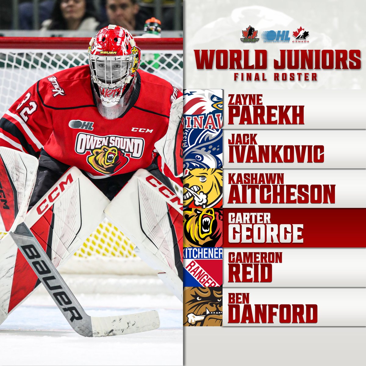OHFHockey's tweet photo. From Ontario to the world 🌍🏒
Huge congratulations to the OHF/@OHLHockey players representing 🇨🇦 Team Canada at the IIHF World Juniors!
Good luck — wear the maple leaf with pride. Go get it! 💪🍁
#WorldJuniors #TeamCanada #OHF #ProudToBeOHF #RoadToGold https://t.co/tAYhUOmqlg