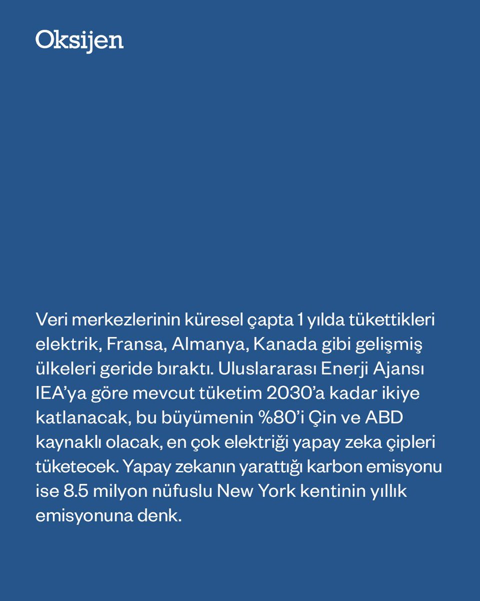 GazeteOksijen's tweet photo. Sohbet robotlarıyla dertleşirken, yemek tarifi sorarken, moda ya da futbol tartışırken bir kez daha düşünün. Büyüyen bir enerji krizine katkıda bulunuyor olabilirsiniz. Yüz binlerce metrekarelik arazilere kurulan yapay zeka veri merkezleri devasa elektrik tüketimleriyle ülkelerin enerji tüketimlerini bile geride bırakır hale geldi. Teknoloji devleri elektrik ihtiyacı için çare arıyor.

Uğur Koçbaş'ın (@EnTaroAdun) haberi bu hafta Oksijen’de.

https://t.co/7ScvxqoRBf