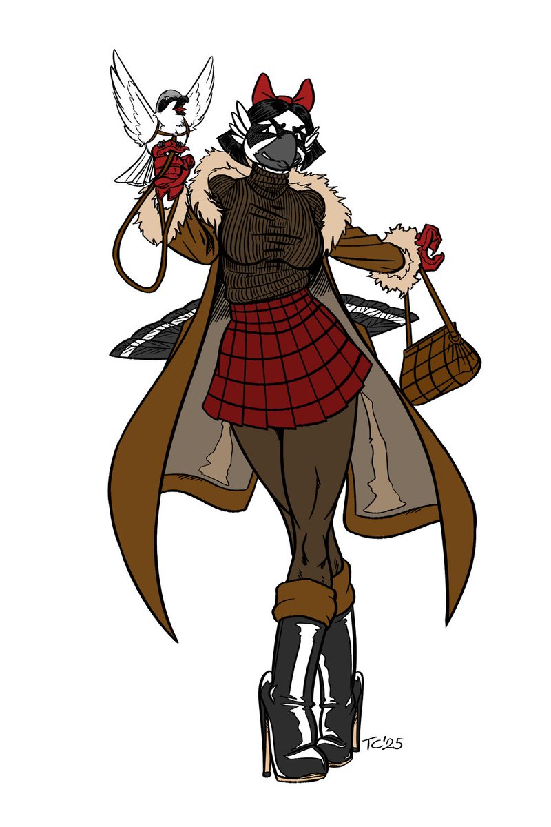 It's a #Christmas miracle! I had enough time and seasonal impetus to draw something topical on Christmas eve: Viktoria vogueing it up with her butcherbird pet.

I'll render this out more later, but I think the flat colors work well with the rougher line art!
