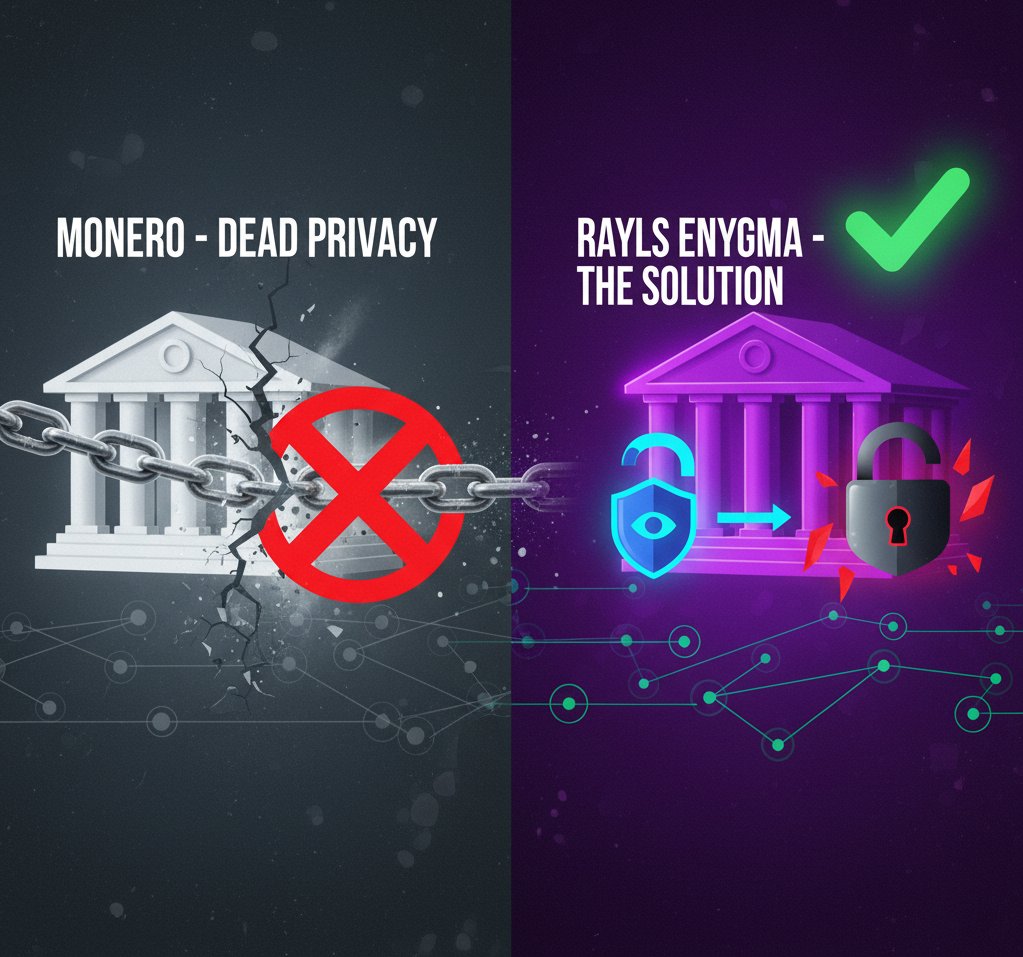 레일즈 @RaylsLabs 는 이전 프라이버시 코인과 다르다. Monero는 프라이버시 코인인데 규제 때문에 죽었다. 거래를 완벽히  숨기니까 은행도 못 쓰고, 거래소도 상장을 안해줬다. Rayls Enygma 기술은 다르다. 거래는 비공개인데, 규제당국이 의심  거래라고 느끼면