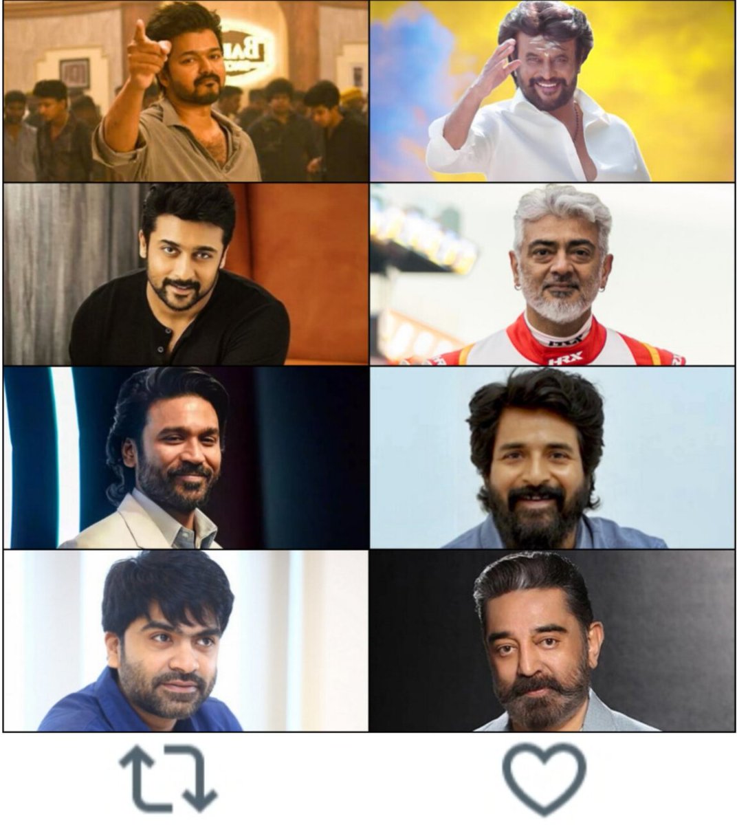 TOlMovies's tweet photo. Let's see which group of actors has a huge fan following.

🔃@ActorVijay            ❤️@RajiniKanth 
🔃@Suriya_Offl           ❤️#AjithKumar 
🔃@Dhanushkraja     ❤️@Siva_Kartikeyan
🔃@SilambarasanTR_ ❤️@IKamalhaasan https://t.co/u02RhjXCX6