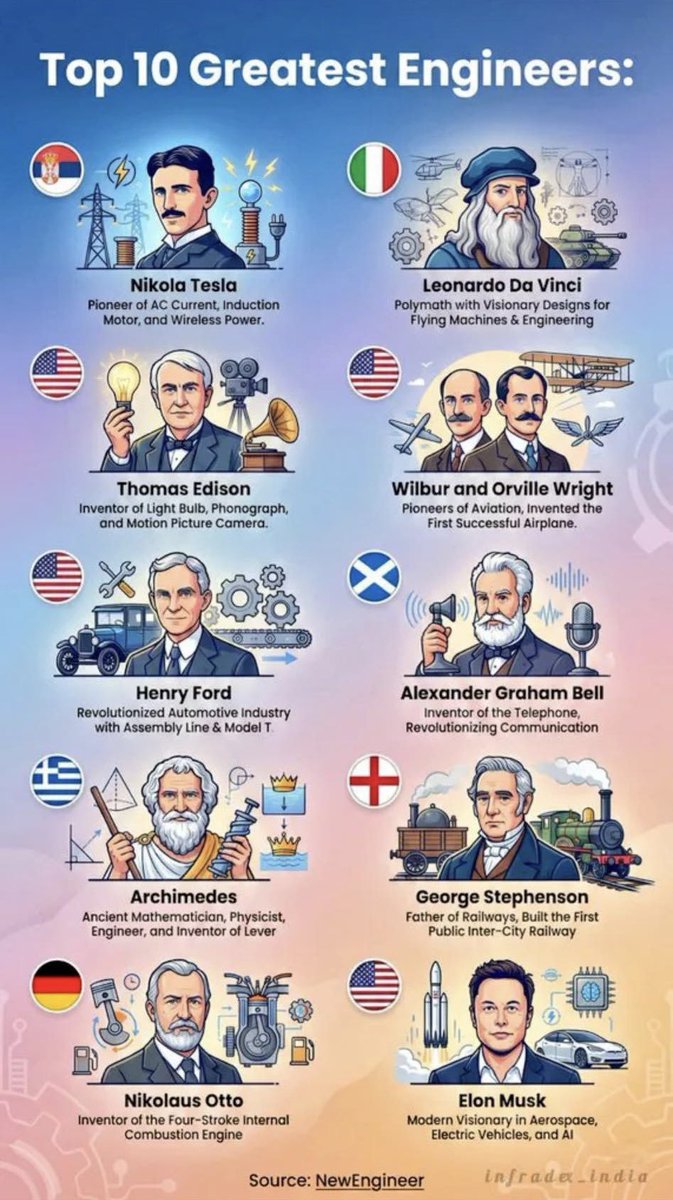 danmusk4680's tweet image. &amp;lt;역사상 가장 위대한 엔지니어 Top 10 (NewEngineer)&amp;gt;

현존하는 인물로는 일론 머스크가 유일하게 선정됐네요

- 아르키메데스 (기원전 287~212) : 지렛대 원리 규명 및 나선형 양수기 고안

- 레오나르도 다빈치 (1452~1519) : 비행 기계, 전차 등 미래형 공학 장치 설계

- 조지 스티븐슨…