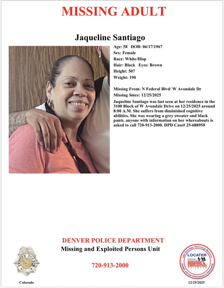 DenverPolice's tweet photo. #MissingPerson - Plz repost: #Denver, can you help us find Jaqueline? She’s been missing since 8:00 am on 12/25/2025. If you see her or know her whereabouts, please call 720-913-2000. https://t.co/76Mci5o80M