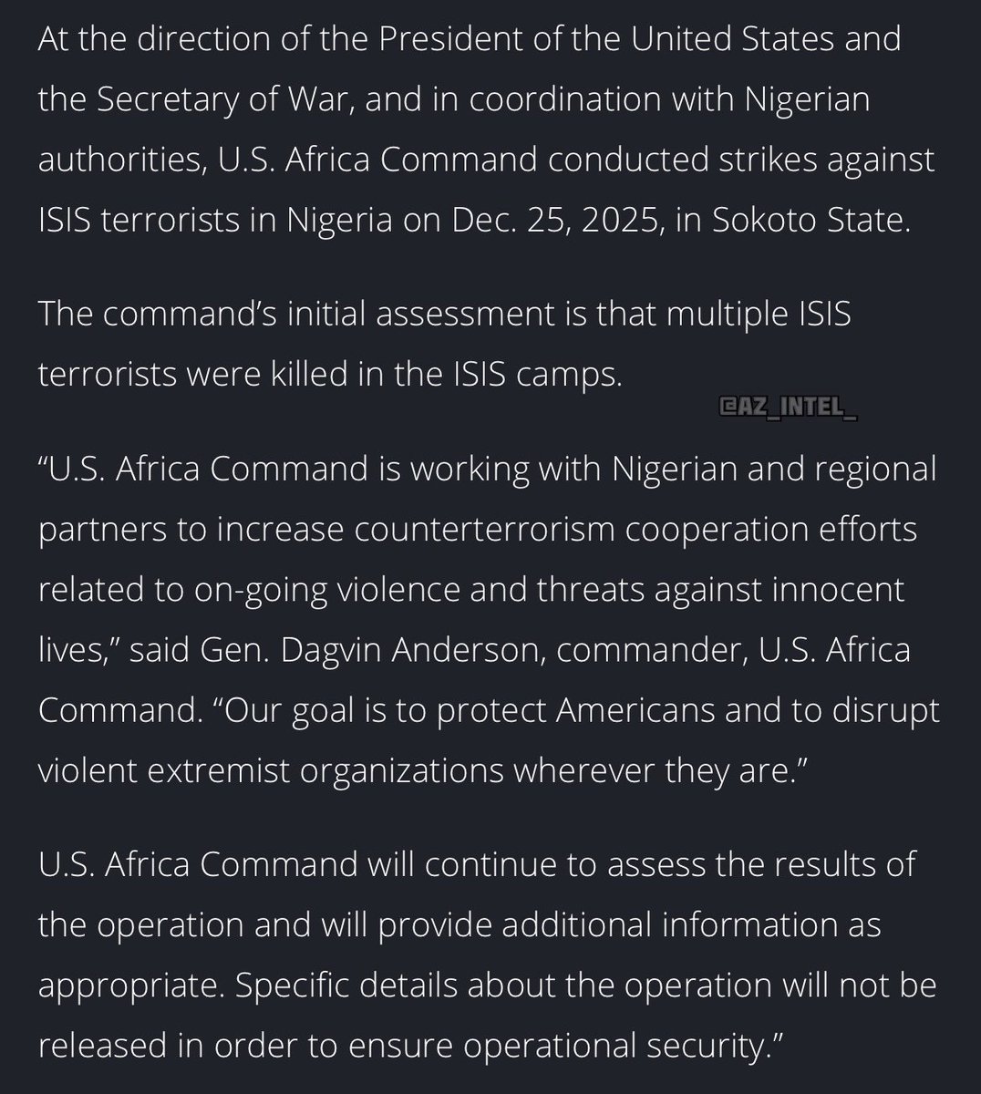 MarioNawfal's tweet image. 🚨🇺🇸🇳🇬 U.S. LAUNCHES TOMAHAWK CRUISE MISSILES INTO NIGERIA ON CHRISTMAS DAY, TARGETING ISIS CAMPS

A U.S. Navy warship in the Gulf of Guinea launched over a dozen Tomahawk cruise missiles at two ISIS-Sahel Province camps in Sokoto State, Nigeria.

AFRICOM's initial assessment:…