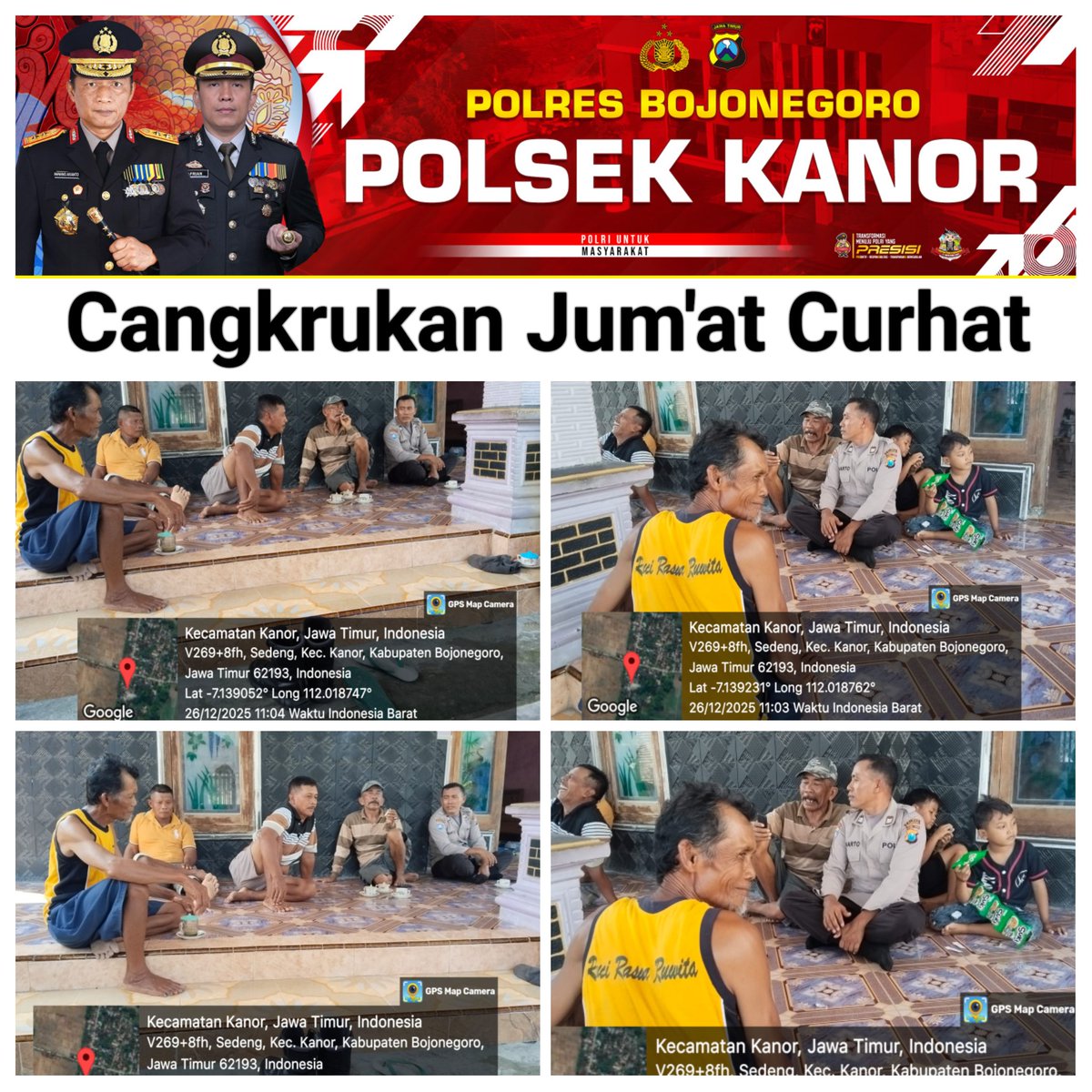 Bhabinkamtibmas desa Sedeng Kecamatan Kanor Kabupaten Bojonegoro melaksanakan Jumat Curhat / cangkrukan dengan warga.

@divisihumaspolri
@humaspoldajatim
@ssdmpolri
@binmaspoldajatim

#PolriUntukMasyarakat
#PolriHadirBerbuatBermanfaat
#PresisiUntukIndonesia
#HumanisTegakanHukum