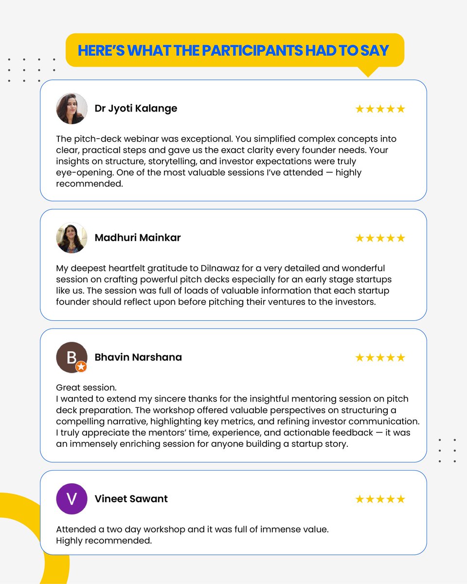 power_deck's tweet photo. Pitching isn’t about slides, it’s about clarity. 🚀

Our 2-day Pitching &amp; Storytelling Bootcamp with @wadhwanif helped founders sharpen their narrative, structure their decks, and pitch with purpose.

Swipe to see what the participants had to say. https://t.co/9V85rxUyUy