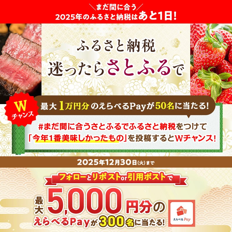 satofull_promo's tweet image. ／
2025年のふるさと納税はあと1日！！！
＼

#まだ間に合うさとふるでふるさと納税 をつけて
「今年1番美味しかったもの」を投稿すると、
Wチャンスで最大1万円分のえらべるPayが当たる🎁

【応募方法】
① @satofull_promo  をフォロー
②本投稿をリポスト or 引用ポスト…