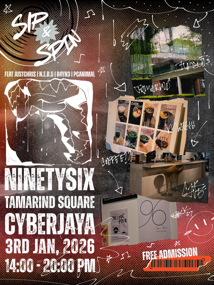 Let’s start our Year 2026 with a Banger shall we? 

Catch up Us Live next week at Ninetysix cafe, Tamarind Square, Cyberjaya on 3rd, January from 2PM-8PM

Sip &amp; Spin Featuring JustChris, N.E.R.O, R4YN3 &amp; PCANIMAL

Livestream will be available at t.me/codeafterparty