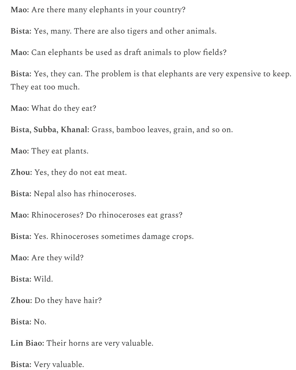 anekarebeccaraj's tweet photo. “Can elephants be used as draft animals to plow fields?”
— Mao Zedong, 1966, in a China–Nepal diplomatic meeting with Deputy PM Kirti Nidhi Bista and delegation.
This entire conversation lives rent free in my mind. 
Happy birthday Mao!

https://t.co/vvtuDDYnLE https://t.co/gdP3D2fh3v