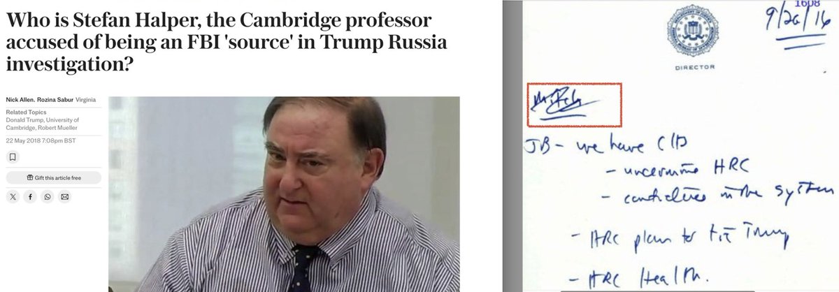 RealSLokhova's tweet photo. Brennan and Comey's operative Stefan Halper, FBI codename MITCH, was paid over USD 2 million by the FBI and the CIA. Halper worked closely with Christopher Steele to implement the Russia Hoax.
Here are the recently-declassified Comey's notes showing that MITCH (Halper) was implementing HRC (Hillary Rodham Clinton)'s Plan to tie Donald Trump to Russian intelligence. Comey tried to cross out Halper's FBI codename MITCH, and hide the document, but Kash Patel and Lindsey Halligan found and released the Comey notes.
Halper pretended to be a professor in Cambridge, England, where he was placed by Brennan and Gina Haspel, and from where Halper ran offshore operations against President Trump.
I was a graduate researcher in Cambridge when Halper, as part of the Hillary Plan, was paid to falsely "report" me to the FBI as a Russian spy who had an affair with Donald Trump's National Security Advisor, starting the Russiagate Conspiracy.