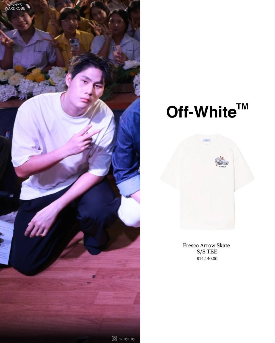 winnywardrobe's tweet photo. WINNY THANAWIN WITH OFF-WHITE 

@OffWht 
- Fresco Arrow Skate S/S Tee

#GMMTVSchoolTour2025xDSN 
#winynny 
#winnywardrobe https://t.co/xyiTxdtvlj