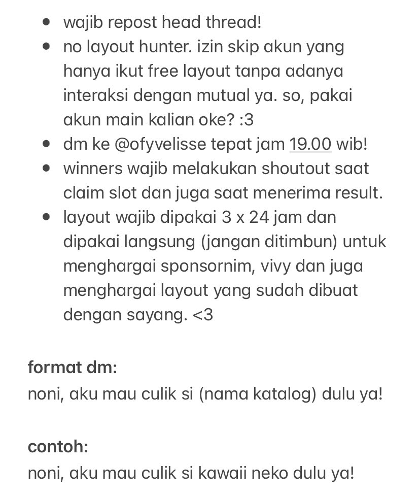 rules dan format claim slot. jangan sampai salah formatnya, oke? :3

jangan dm ke sini ya. tapi dm ke 
<a href="/ofyvelisse/">VIVY. ❁</a>, oke? silahkan test dm dari sekarang, aku tutup jam 18.55 WIB ya!