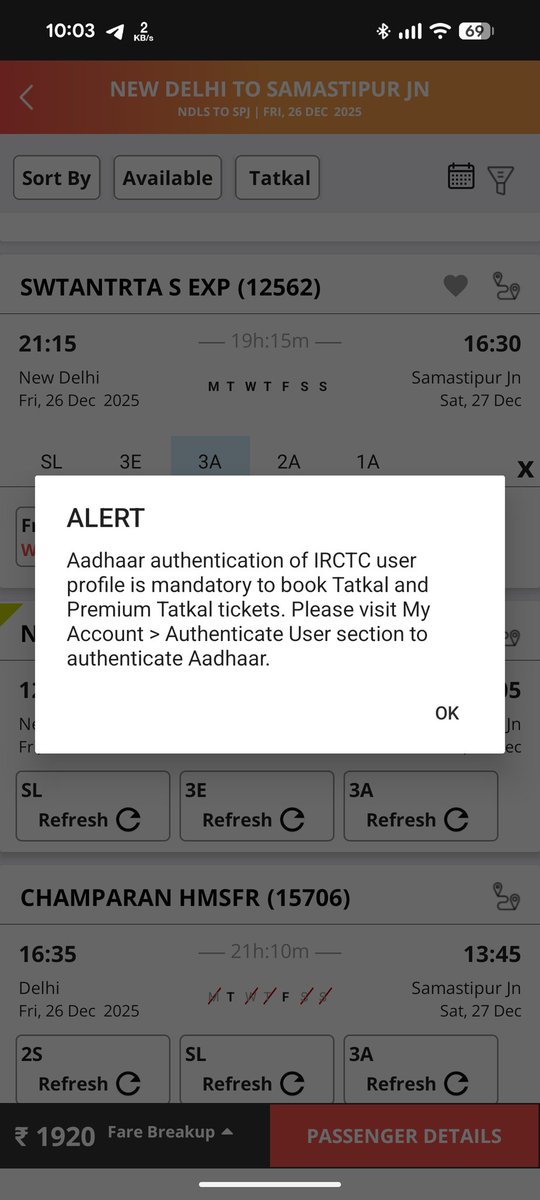 itisadityaraj's tweet photo. Even though my aadhar is authenticated on IRCTC app. Still when i try to book tatkal ticket it says to authenticate first. @RailMinIndia @IRCTCofficial and their agents don't want to public to book their own ticket. Pathetic.
@khurpenchh @mohakmangal https://t.co/KoEfsQwcKG