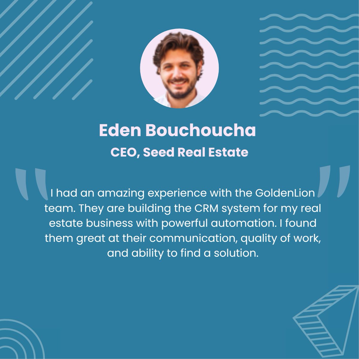YourGoldenLion's tweet photo. 🏡🌟 Another Happy Real Estate Client!

We love hearing how our Real Estate CRM makes a real impact. 

Eden Bouchoucha CEO, Seed Real Estate, shares his experience working with GoldenLion. 😊 https://t.co/KaZRmyJdGf