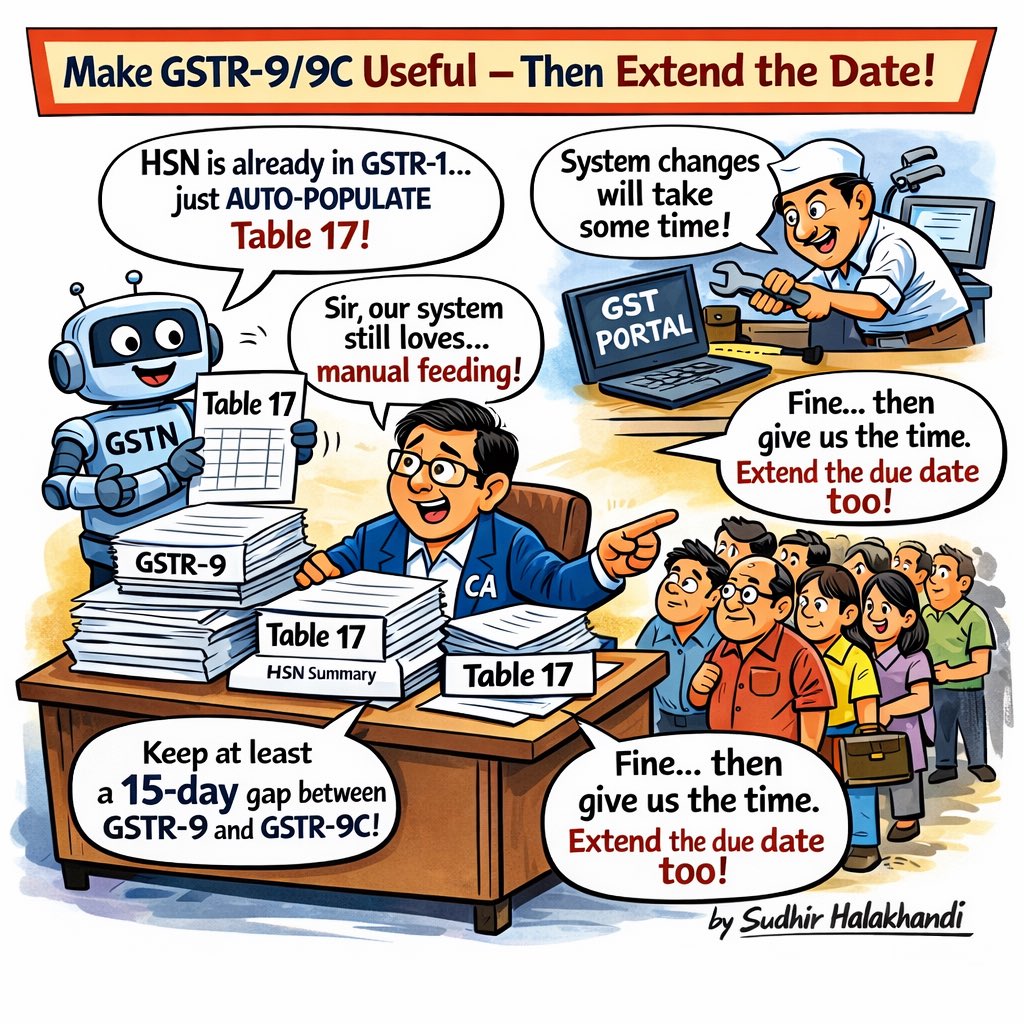 Sudhirhalakhndi's tweet photo. GSTR-9/9C 
The main ask is to make GSTR-9/9C
Subject: Make GST Annual Return (GSTR-9/9C) truly useful – practical system reforms needed

The core issue is not merely the due date. The real need is to make the GST Annual Return (GSTR-9/9C) meaningful, accurate, and user-friendly. For that, the following practical reforms are requested:
1.Auto-populate Table 17 (HSN Summary) in GSTR-9
HSN details are already reported in GSTR-1. Requiring manual re-feeding in annual return makes the form bulky, error-prone, and unproductive. Auto-population will make the annual return actually useful and reliable.
2.Maintain a minimum 15-day gap between GSTR-9 and GSTR-9C due dates
GSTR-9C depends on finalization and reconciliation after GSTR-9. Keeping both due dates are same and that defeats the purpose and forces hurried, incorrect filings.
3.Since these improvements require system changes and time, extend the due date as well
Once the portal/system is improved (especially Table 17 auto-population and rational timelines), taxpayers and professionals will need reasonable time to comply properly. Hence, a suitable date extension is also requested.

These changes will reduce errors, avoid unnecessary litigation, and improve the quality of annual return compliance.
- Sudhir Halakhandi