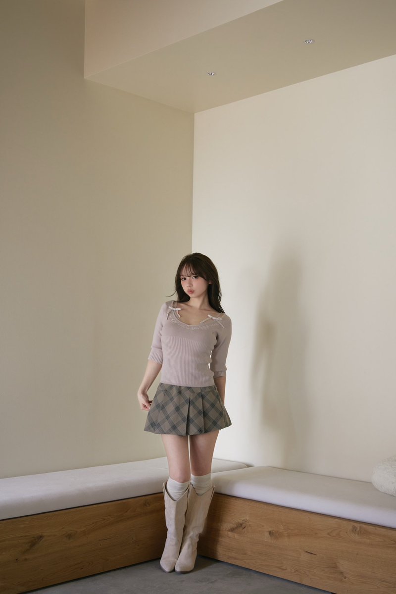 スカート ANDMARY Coco check pleats skirt beige ANDMARY】Coco check mini pleats skirt