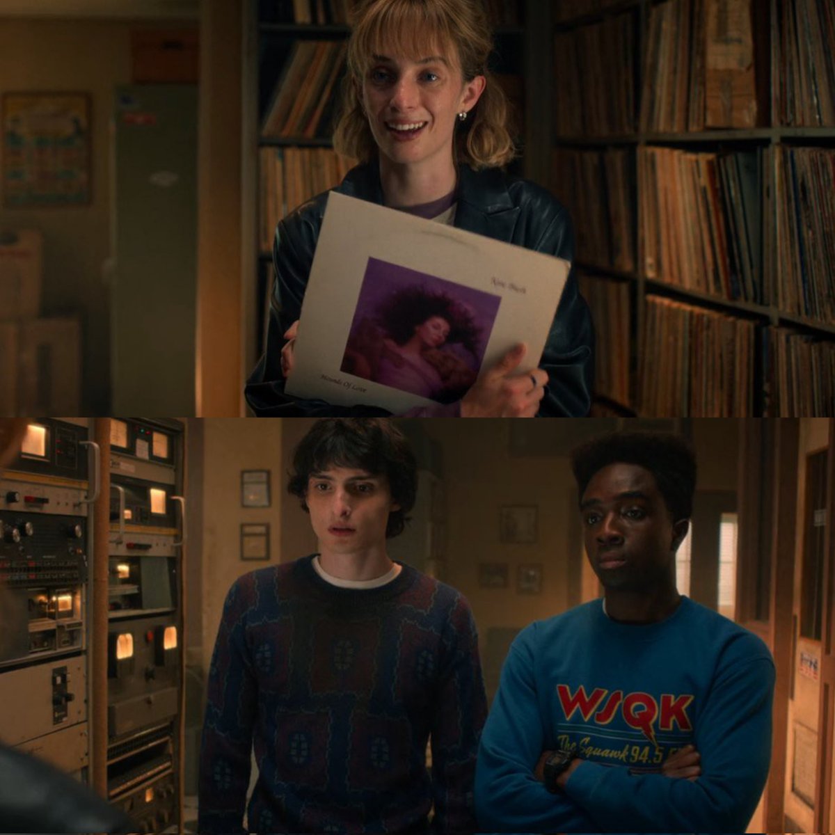 buckleysthinker's tweet photo. robin buckley just casually explaining the whole vecna dynamic and his mind control, making it clear to mike and lucas that will, holly, and max are in a trance, all figured out using vinyl records. SHE'S SUCH A GENIUS. #StrangerThings5 https://t.co/2FnRsNEB8U
