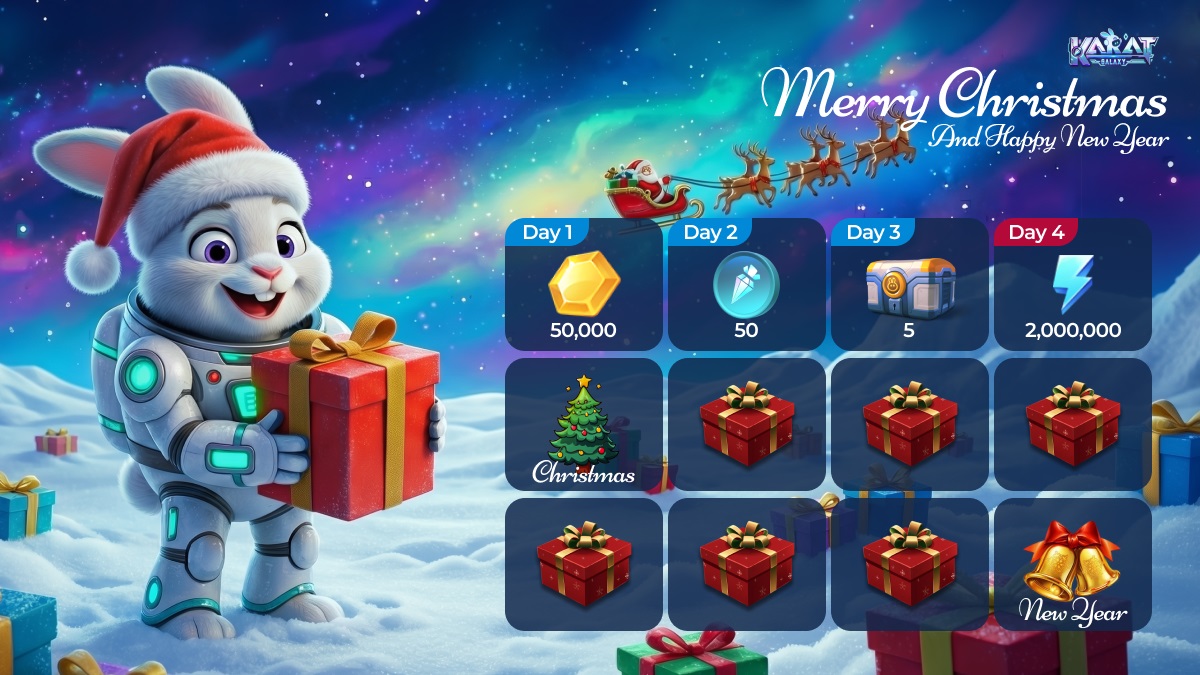 DAY Nº5 of the Karat Galaxy #Christmas #Event!🎁 

🎄We’re giving out #KaratGalaxy assets! 

🎁1 lucky winner every day!
⏪Yesterday's winner is: <a href="/Kygel123/">Kygel Basco</a>
 
How to enter:
1️⃣ Follow &amp; RT this tweet
2️⃣ Comment your Karat Galaxy UID

❗️Past winners can participate again!

#GameFi