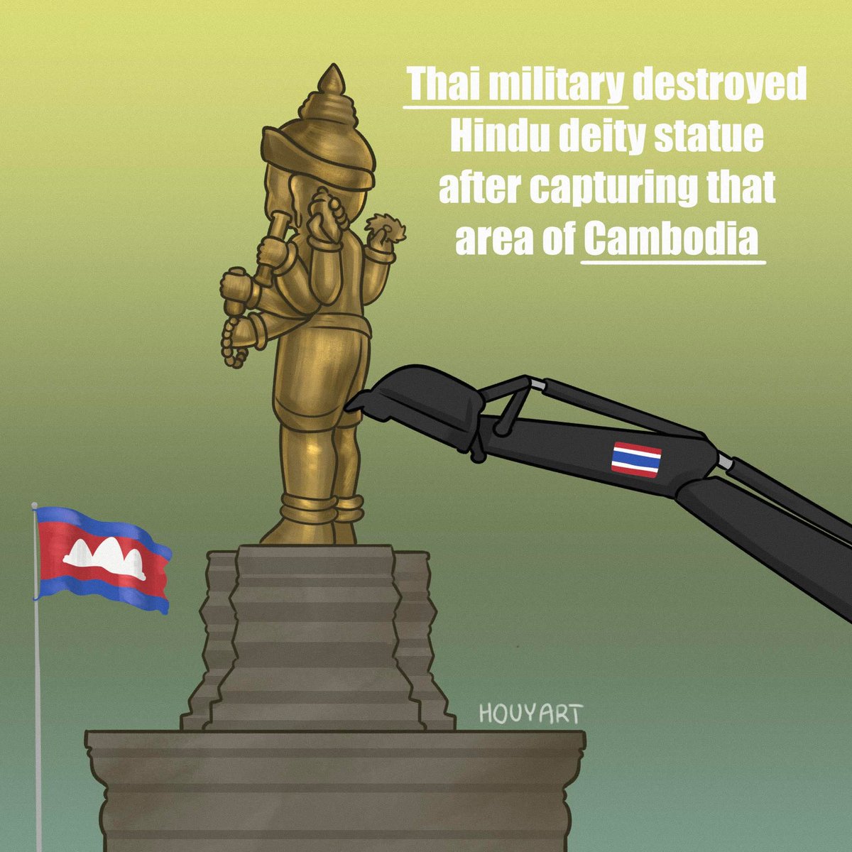 bt__kh's tweet photo. Lord Vishnu statue Destroyed by Thailand 's Military, This statue located 400 meters from thai border.

#CambodiaNeedPeace #thailanddestroyVishnu https://t.co/f19SBQ4QIc
