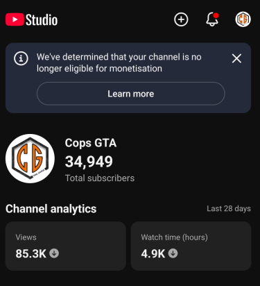 Cops_Gamerx's tweet photo. My GTA5 channel was falsely demonetized.All of my content follows YPP, it’s entirely original and family friendly.I kindly ask you take a second look into this, it’s the worst news ever and no creator should have their job at risk due to the fault of an AI system guys, thankyou https://t.co/B2fbZ9H72u