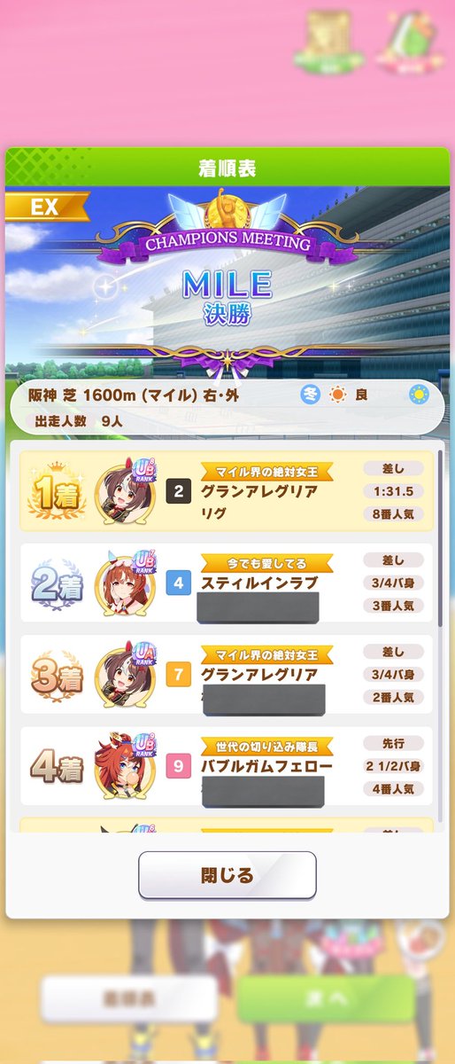 突貫仕上げでしたが相手にも恵まれて久々の戴冠です！マイル最高マイル最高！お前もマイル最高と言いなさい！