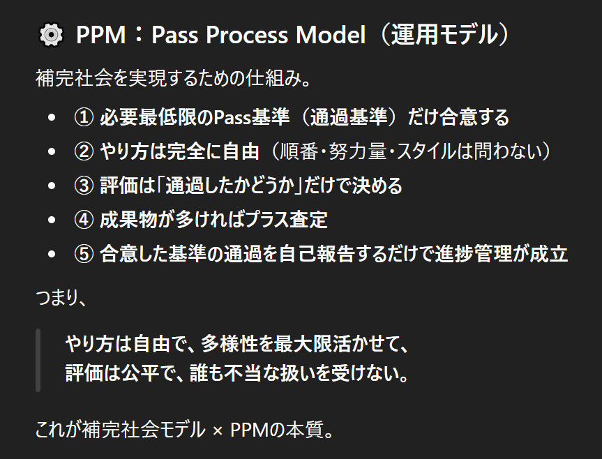 yajiusiyajirusi's tweet image. とても素朴だけど、どこまでも強い社会モデル仮説にたどり着いた。AI協働でなければ絶対見えなかった構造。

「誰かだけ得(損)しない構造なら、人も組織も、対立しつつ補完関係へ向かえる」

これをPPM(やり方自由×評価公平)で実装。
これ、本当に社会を変えられるかもしれない。
#補完社会モデル #PPM