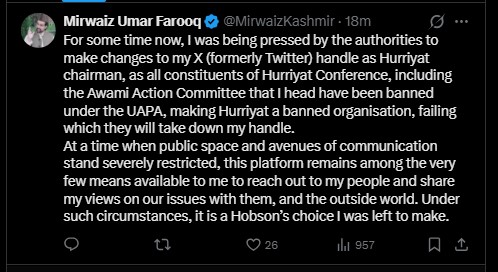 GulistanNewsTV's tweet image. Mirwaiz Explains Removal of Hurriyat Title From X Handle, Cites Pressure From Authorities
@MirwaizKashmir @mirwaizmanzil 
#Mirwaiz #Hurriyat #KashmirPolitics #JKNews #PoliticalDevelopments
gulistannewstv.com/mirwaiz-explai…