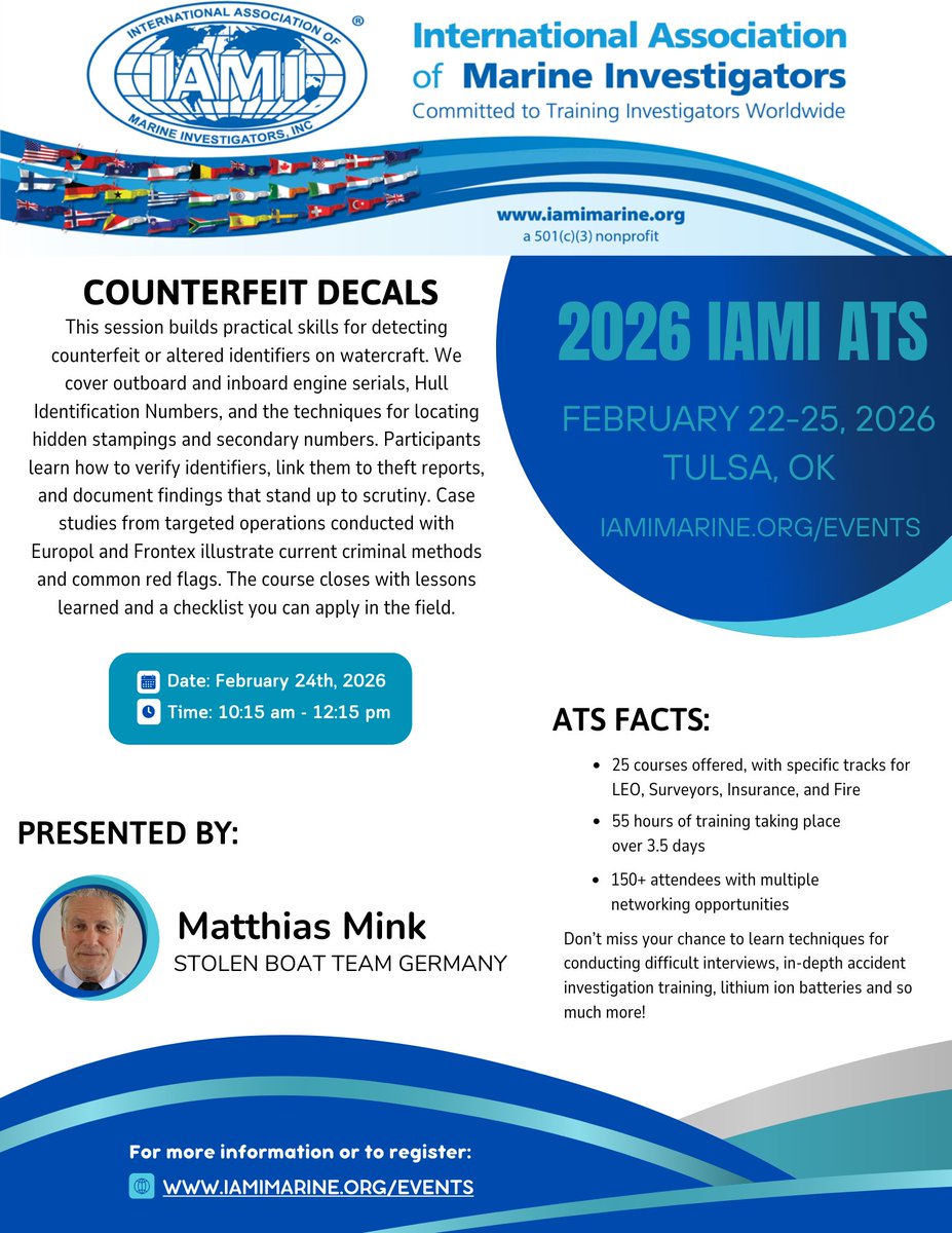 Counterfeit Identifiers are an international problem,  Learn about the latest <a href="/Europol/">Europol</a> and <a href="/Frontex/">Frontex</a> success stories with case studies with our expert from the Stolen Boat Team in Germany!  Join us for the ATS in Tulsa OK 2/22-25/2026 iamimarine.org/ats  #IAMIMarine #CMI