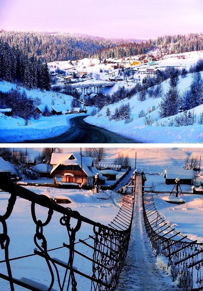 Пермский край, посёлок Усьва, подвесной мост через реку Усьва. Здесь живут мои друзья, бываю. 😉