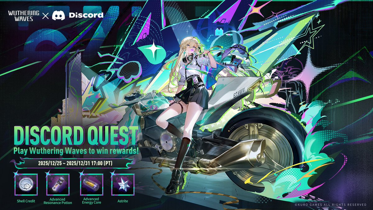 Wuthering_Waves's tweet image. Dear Rovers,
The V3.0 WUWA Discord Quest Event is now live! Click the link below to complete the quest on Discord and get a chance to win rewards including Astrite! 
Event Duration: 2025/12/26 ~ 2025/12/31 17:00 (PT)
Quest URL: discord.com/quests/1448749…
Click the link for more…