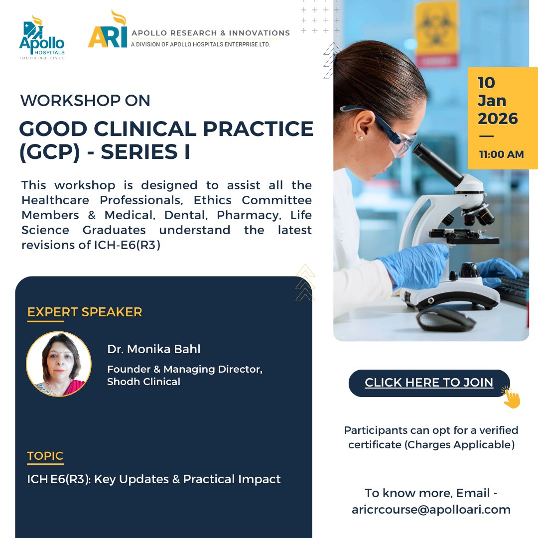 GCP Series I 2026 on 10 Jan from 11AM. 
- Topic: ICH E6(R3): Key Updates &amp; Practical Impact
- Speaker: Dr. Monika Bahl, Founder &amp; MD, Shodh Clinical  

Registration is FREE!  

Link to Register: events.teams.microsoft.com/event/a5370131…

Paid Certification on request.  

#GCP #ClinicalResearch