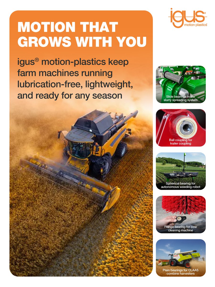 Motion that grows with you.

igus® motion plastics help agricultural machines perform reliably across seasons.

Click in the link below to know more - igus.in/industry/agric…

#igus #MotionPlastics #AgriculturalMachinery #FarmTechnology #LubricationFree #LightweightDesign