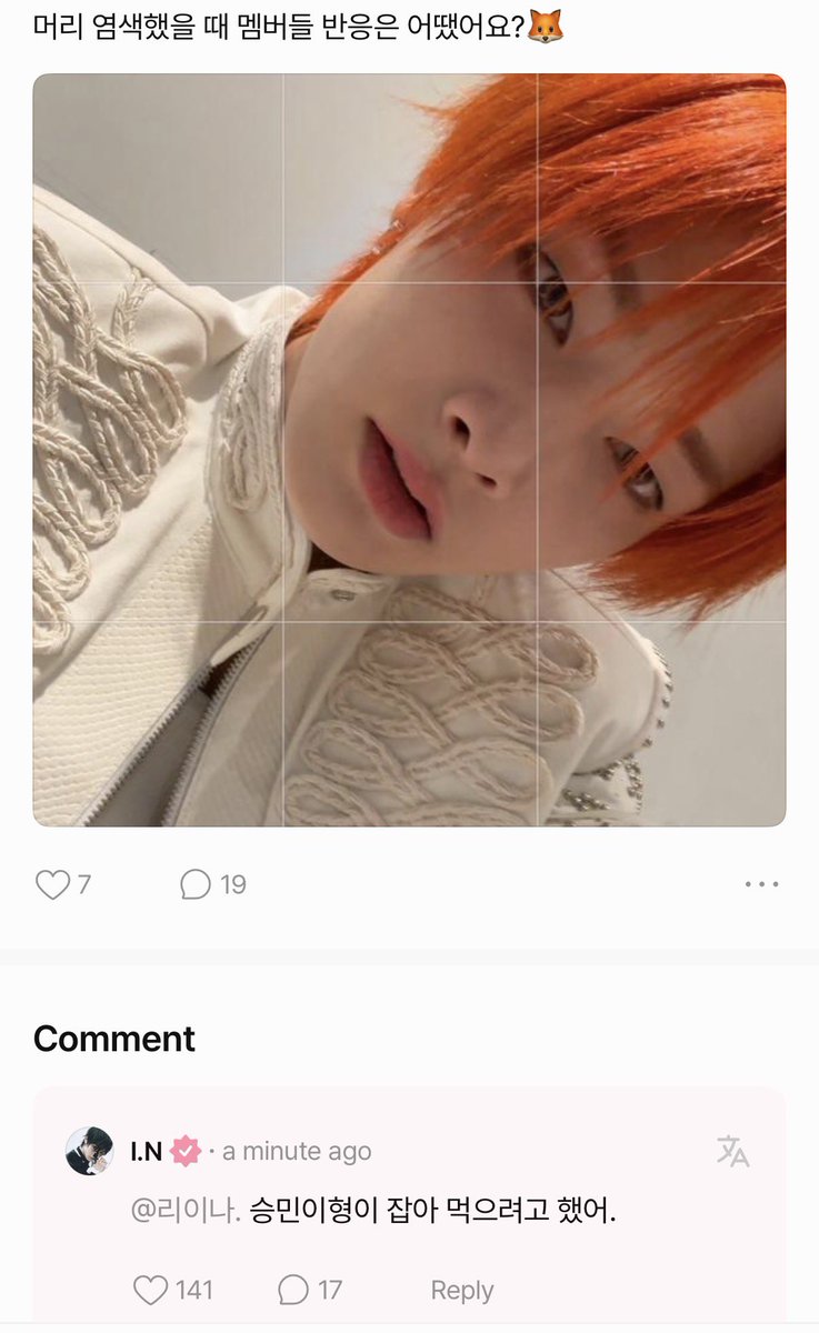 spearhyunnie's tweet image. 💬: how did the members react when you dyed your hair? 🦊
🦊: seungmin hyung said he's going to eat me.