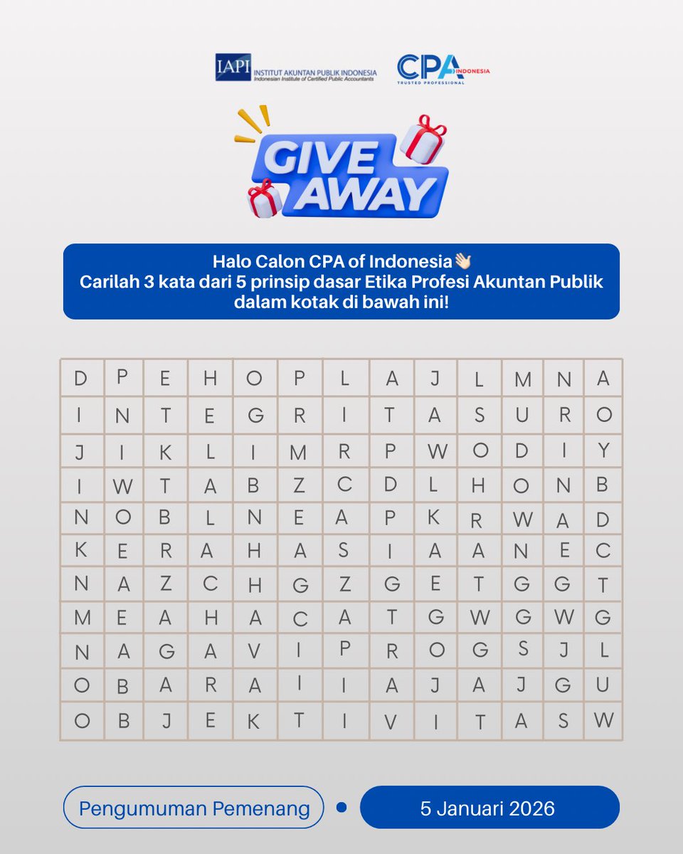 iapi_official's tweet image. 🎁 GIVEAWAY ALERT! 🎁

Cara ikutan:
✅ Follow @iapi_official, @cpa_days &amp;amp; @ketuaumum.iapi
✅ Subscribe YouTube IAPI Official
✅ Jawab kuis yang ada di next slide
✅ Share ke Instagram Story kamu

📣 Pengumuman pemenang : 5 Januari 2026

#IAPI 
#GiveawayIAPI2025
#PodcastIAPI